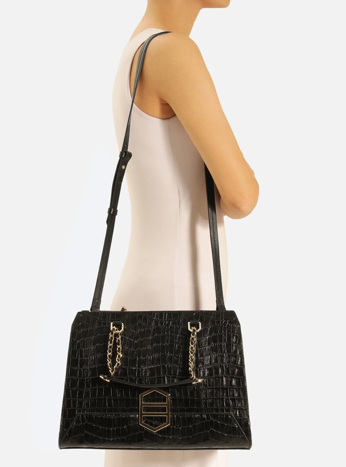 Bolsa Tote Preta Couro Croco Kopen Grande