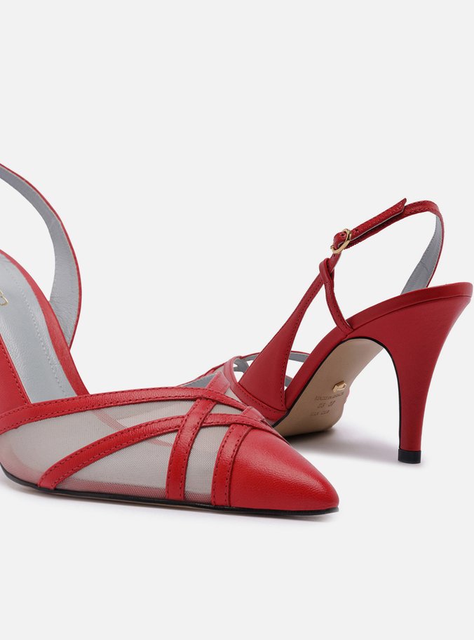 Scarpin Vermelho Couro Tela Salto Médio Fivela