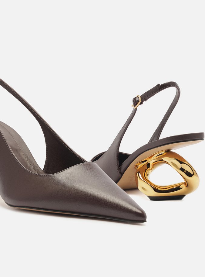 Scarpin Marrom Couro Salto Geométrico Slingback