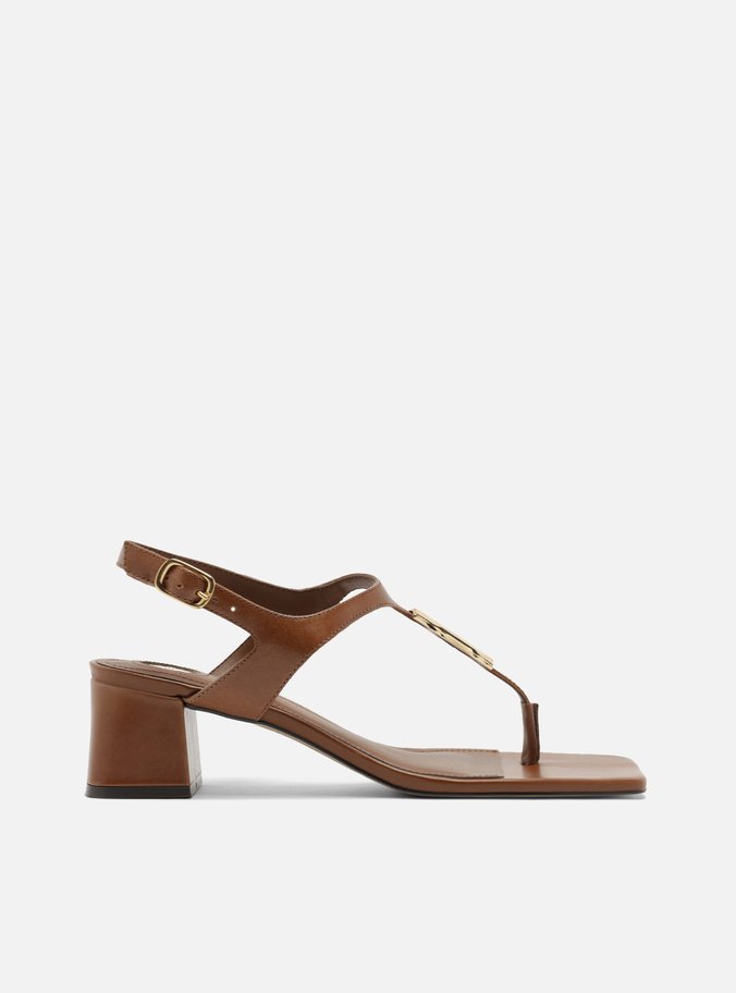 Sandália Marrom Couro Bloco Tira Slim Metal