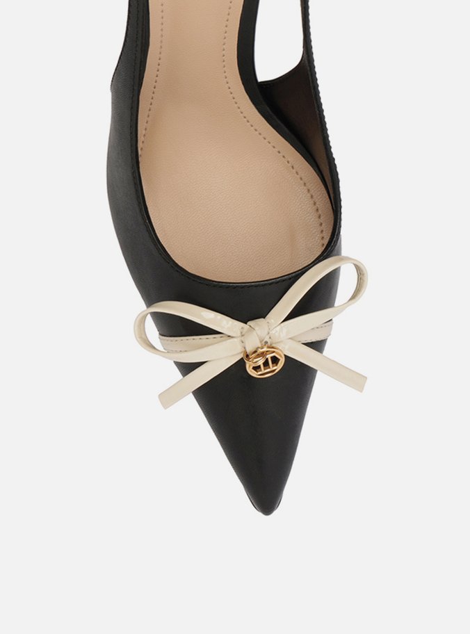 Scarpin Preto Couro Salto Médio Slingback Laço