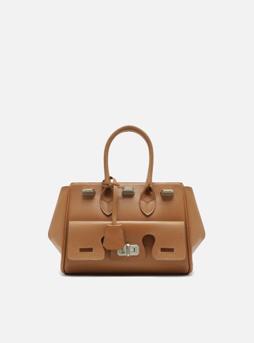 Bolsa Tote Marrom Couro Média Bolso Recortes