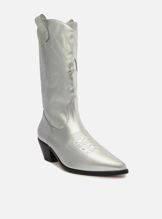 Bota Prata Couro Cano Médio Western