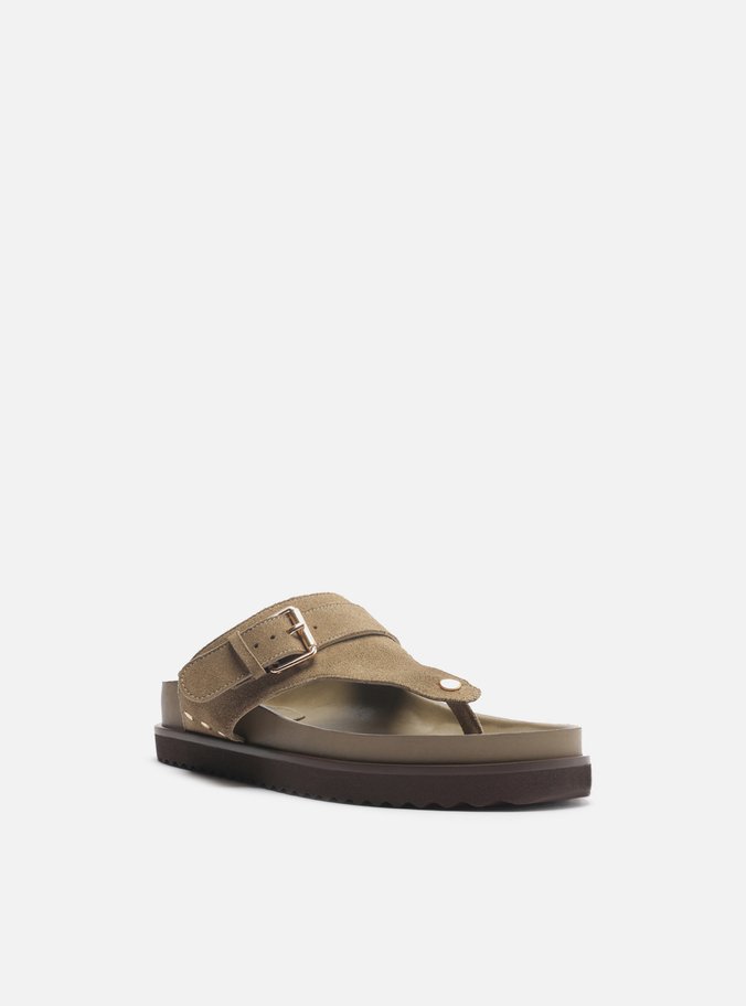 Sandália Papete Verde Suede Tira Fivela