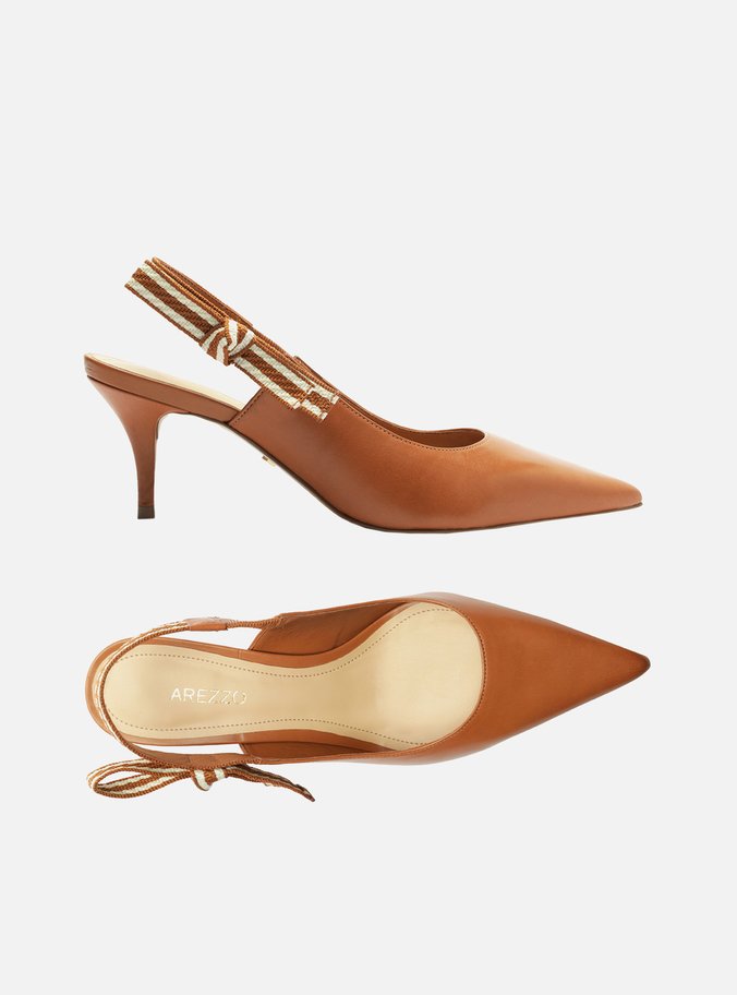Scarpin Marrom Couro Salto Baixo Slingback Laço