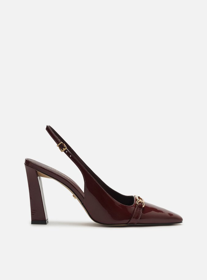 Scarpin Vinho Verniz Salto Alto Slingback Metal