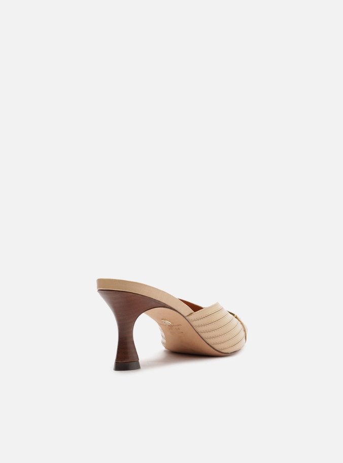 Mule Nude Couro Bico Fino Slingback Metal