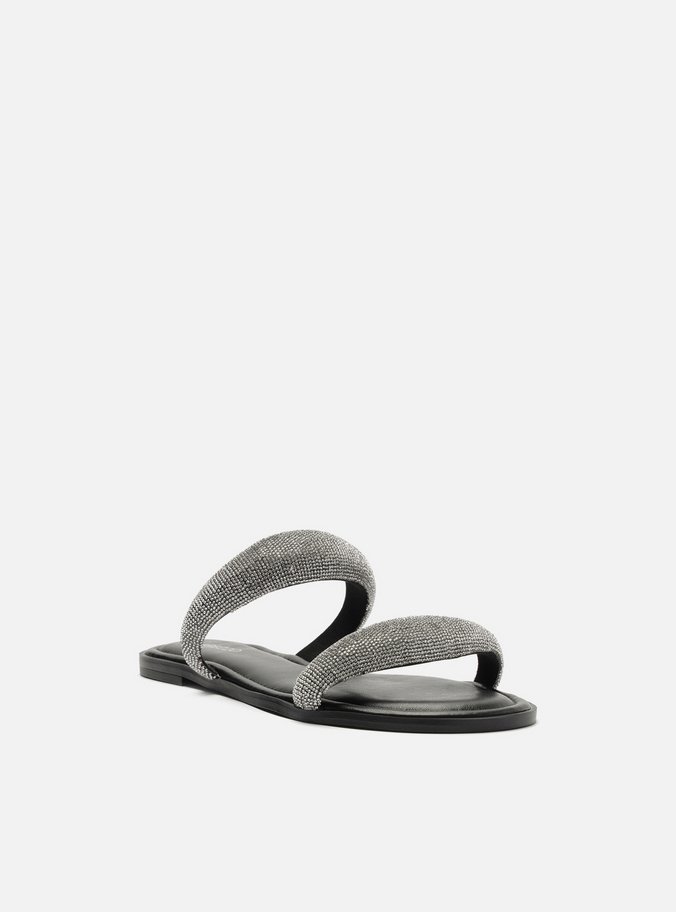 Rasteira Preta Couro Tiras Bold Strass