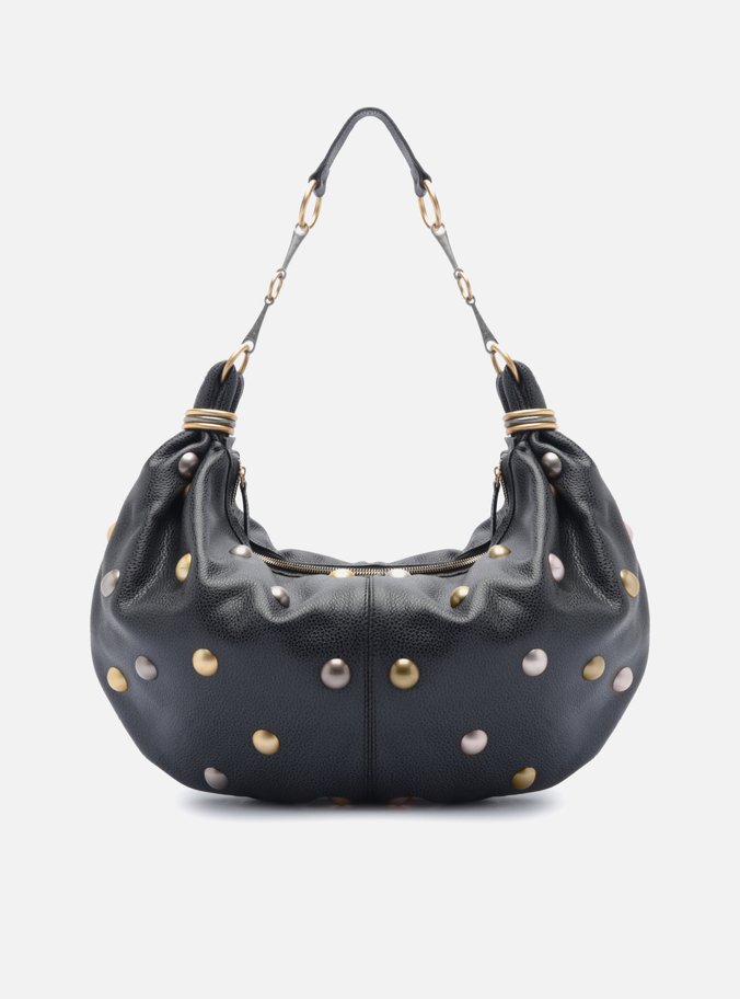Bolsa Hobo Preta Couro Grande Esferas