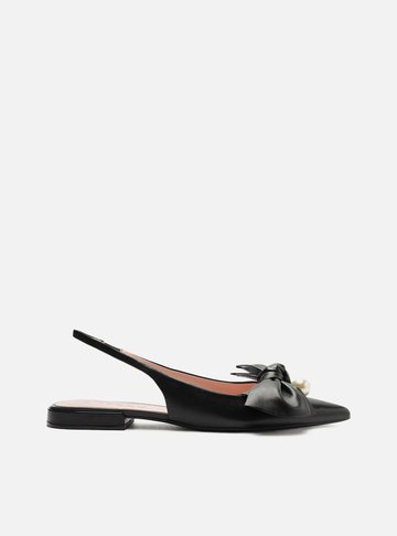 Sapatilha Preta Couro Slingback Laço Pérolas