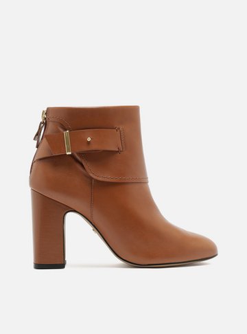 Bota Couro Salto Bloco Bico Redondo Fivela Marrom