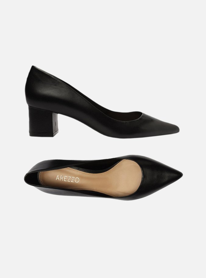 Scarpin Preto Couro Salto Baixo Bloco City