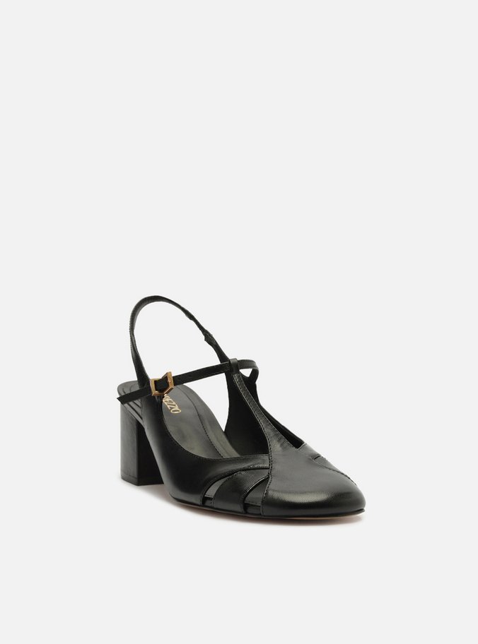 Sapato Boneca Preto Couro Slingback Recortes