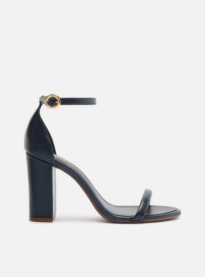 Sandália Azul Couro Salto Bloco Fivela