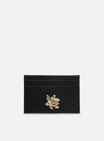 Porta-Cartão Preto Couro Flor Metal