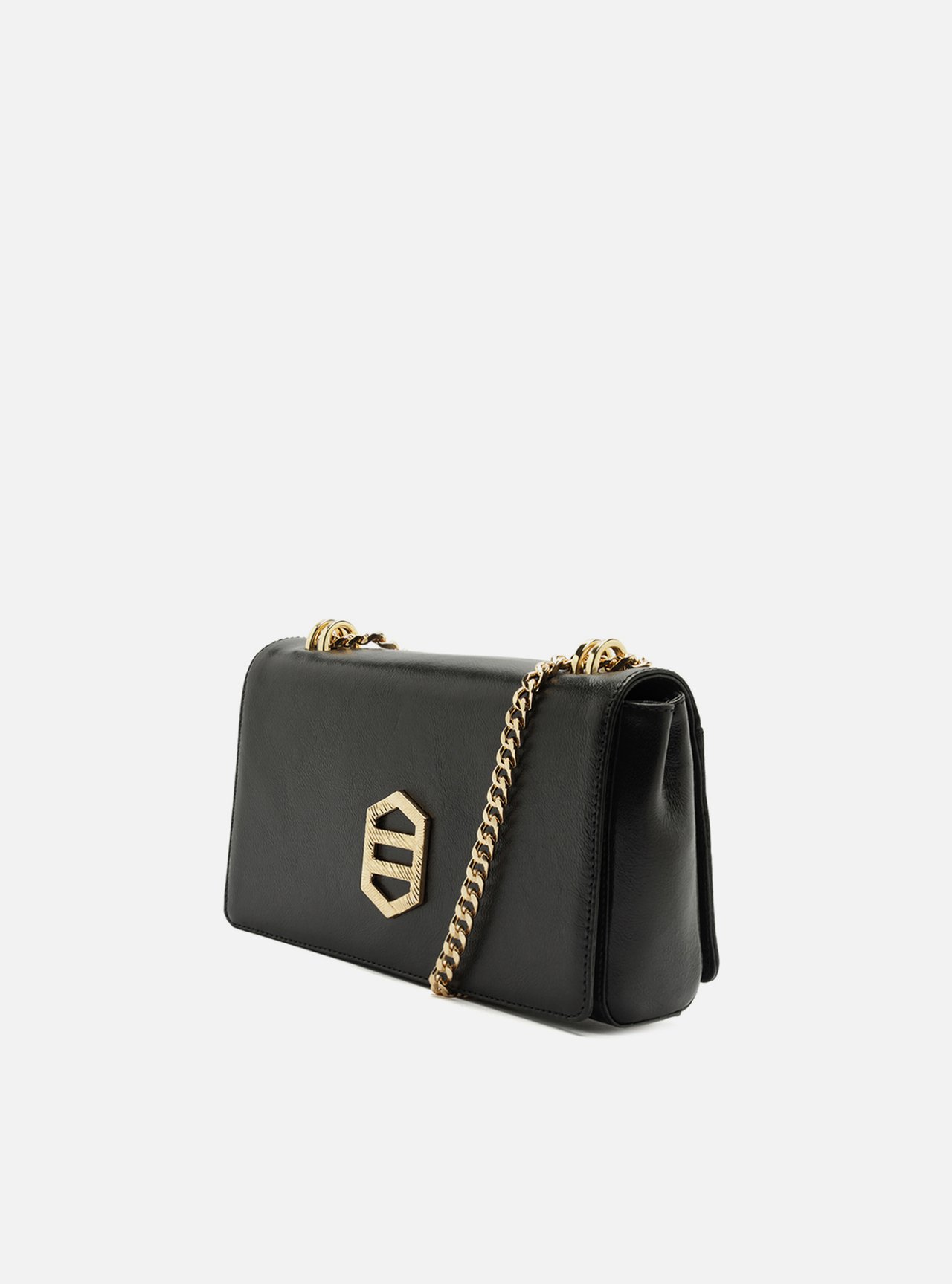 Bolsa Tiracolo Preta Couro Média Corrente Dourada — foto 3