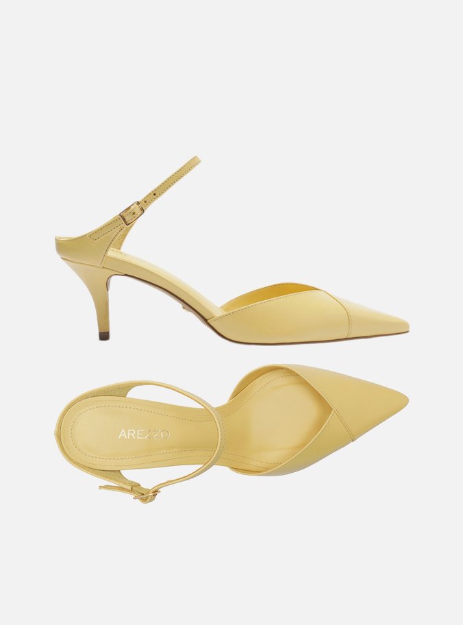 Mule Amarela Couro Salto Kitten Tira Instep