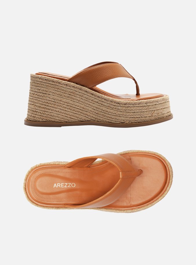 Sandália Marrom Couro Plataforma Palha Flip Flop