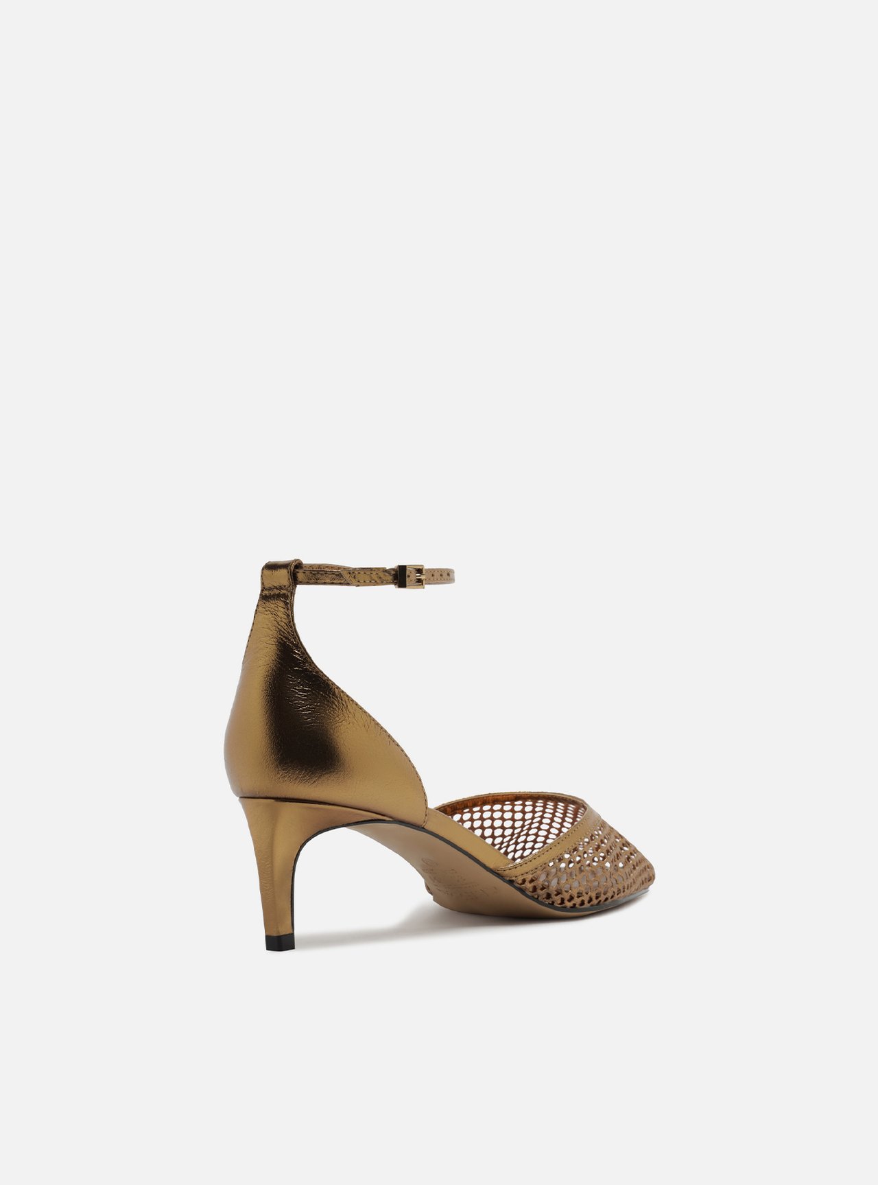 Scarpin Bronze Salto Baixo Fino Aberto Tela — foto 3