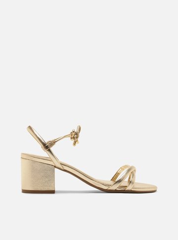 Sandália Dourada Salto Bloco Amarração
