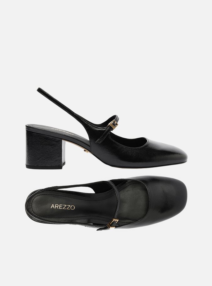 Sapato Boneca Preto Couro Bloco Slingback Classic