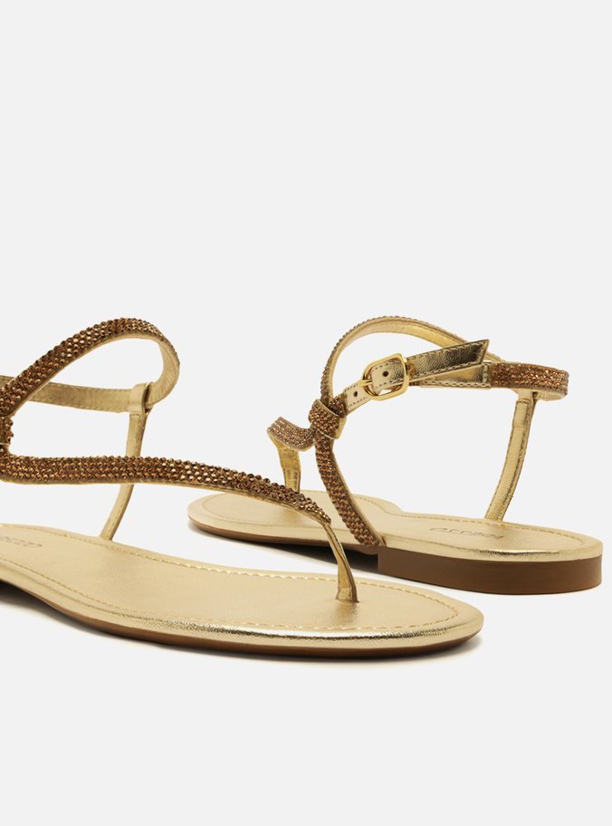 Sandália Rasteira Dourada Tira Lateral Strass