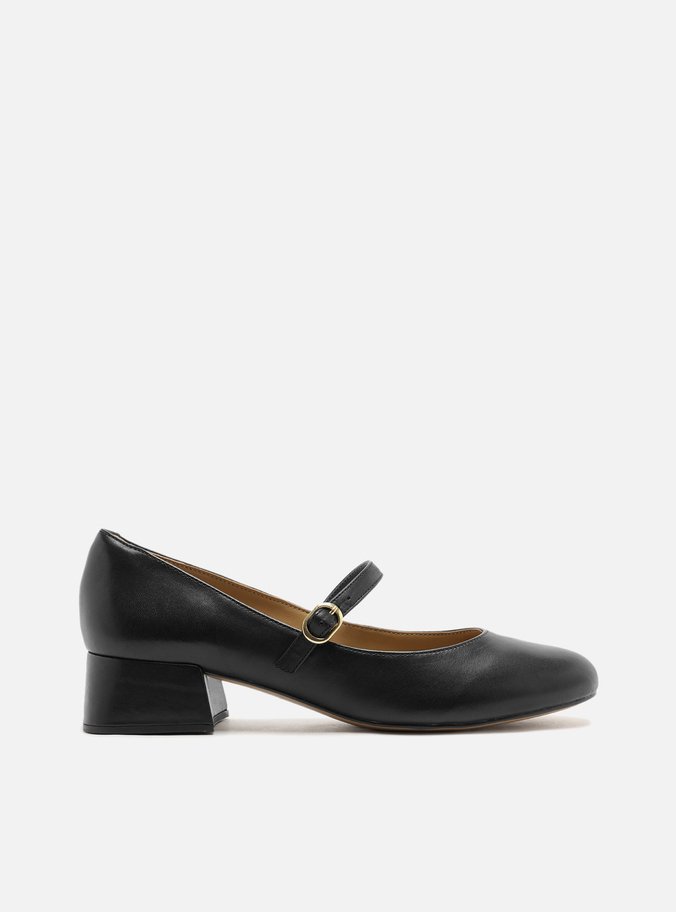 Scarpin Preto Couro Salto Bloco Fivela