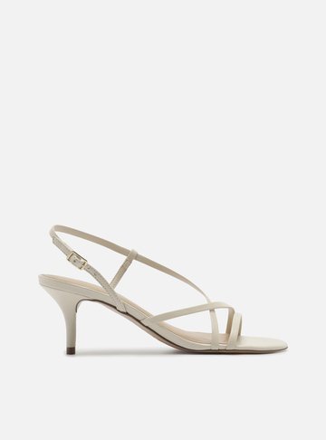 Sandália Off White Salto Médio Tiras Finas Cruzadas