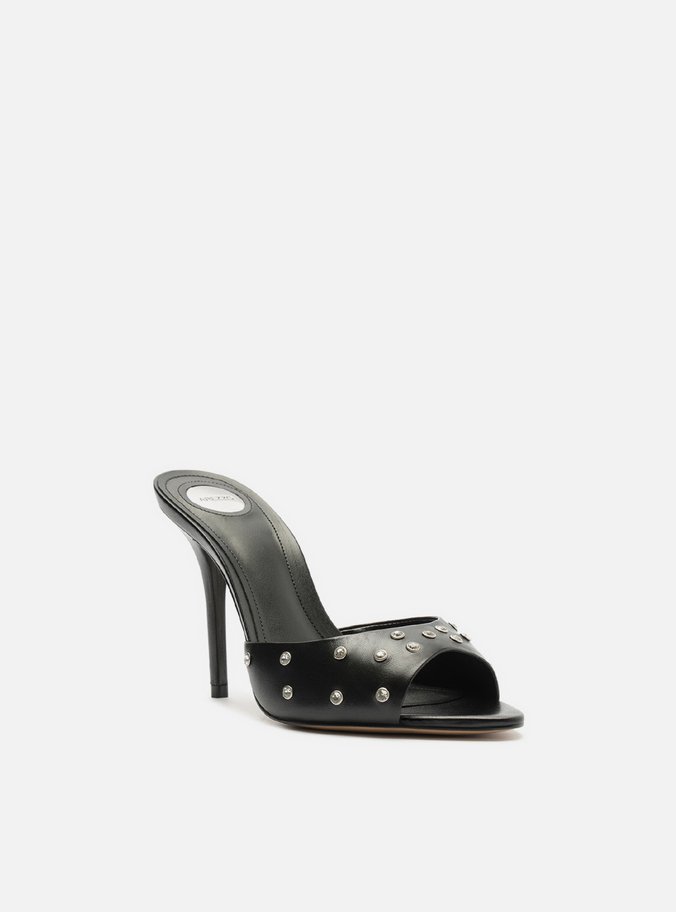 Mule Preta Couro Salto Alto Fino Tachas
