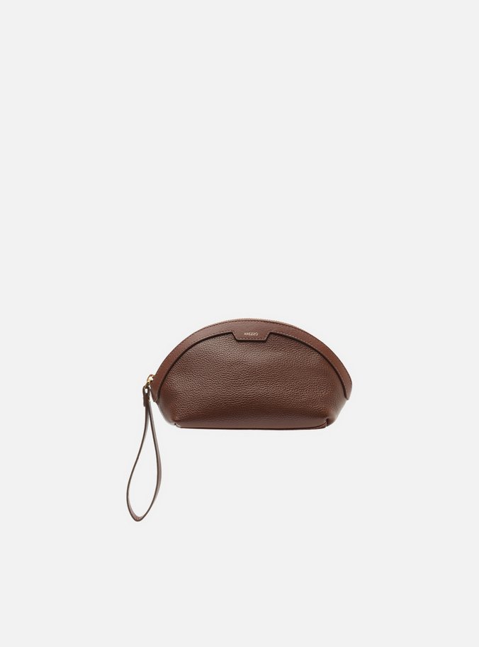 Necessaire Marrom Couro Granulada Metais Dourados