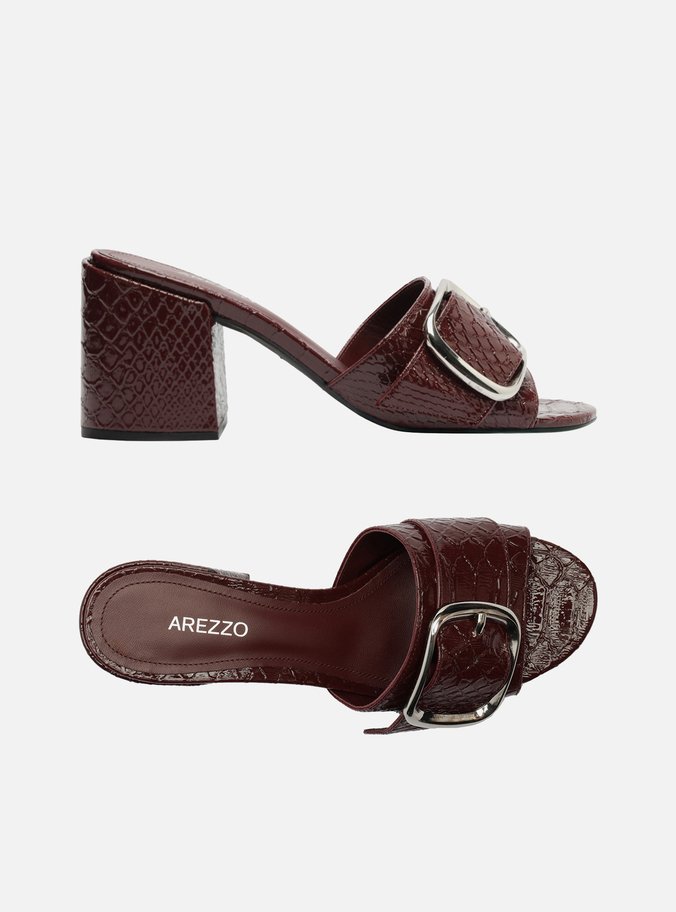 Mule Vermelho Couro Croco Salto Médio Bloco