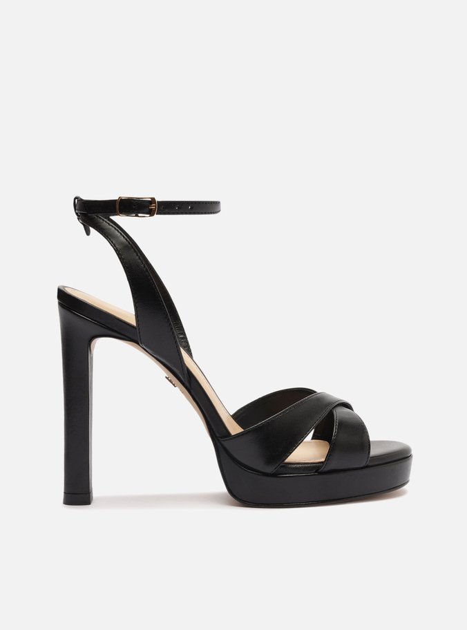 Sandália Preta Salto Alto Plataforma Fivela Tiras