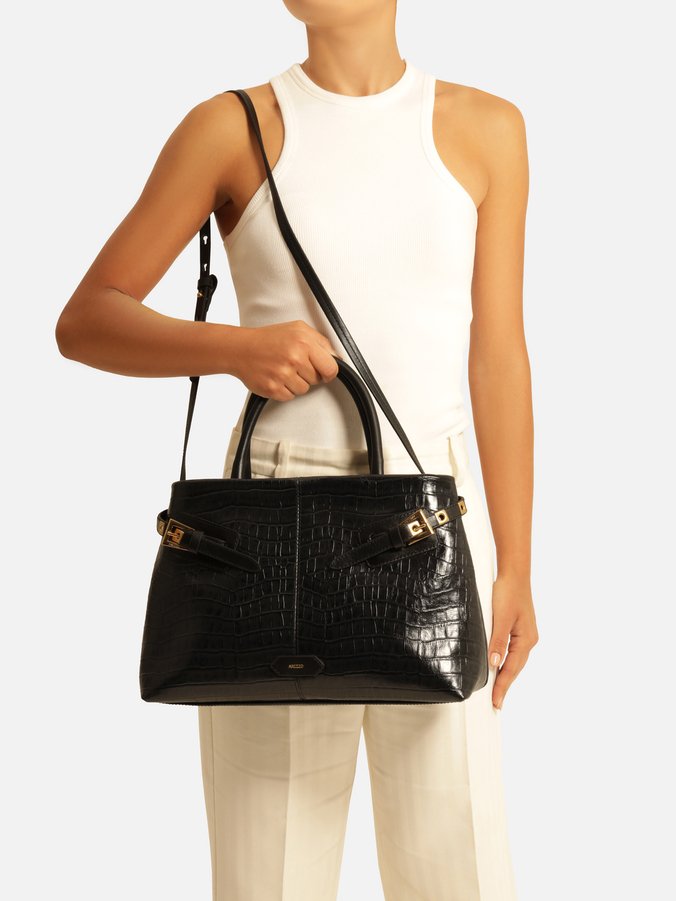 Bolsa Tote Preta Couro Croco Grande Fivelas