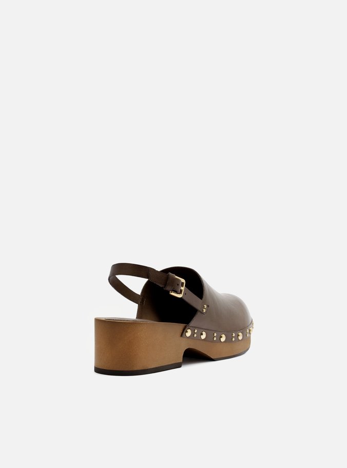 Mule Clog Marrom Couro Salto Médio Tira
