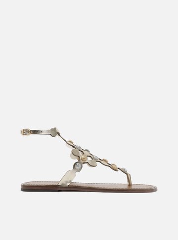 Sandália Rasteira Dourada Couro Círculos Metais