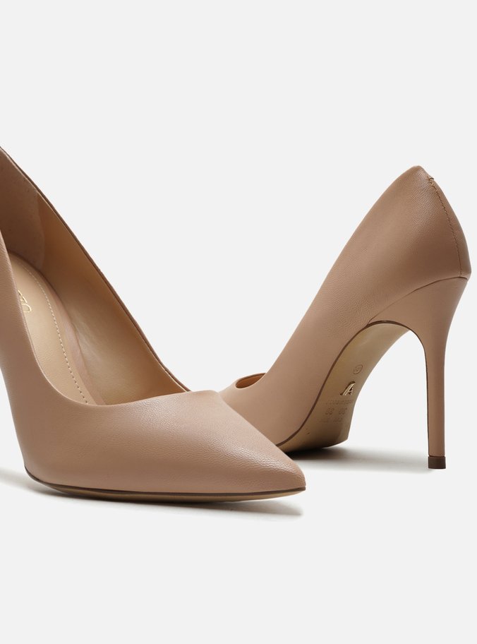 Scarpin Nude Couro Salto Alto Bico Fino