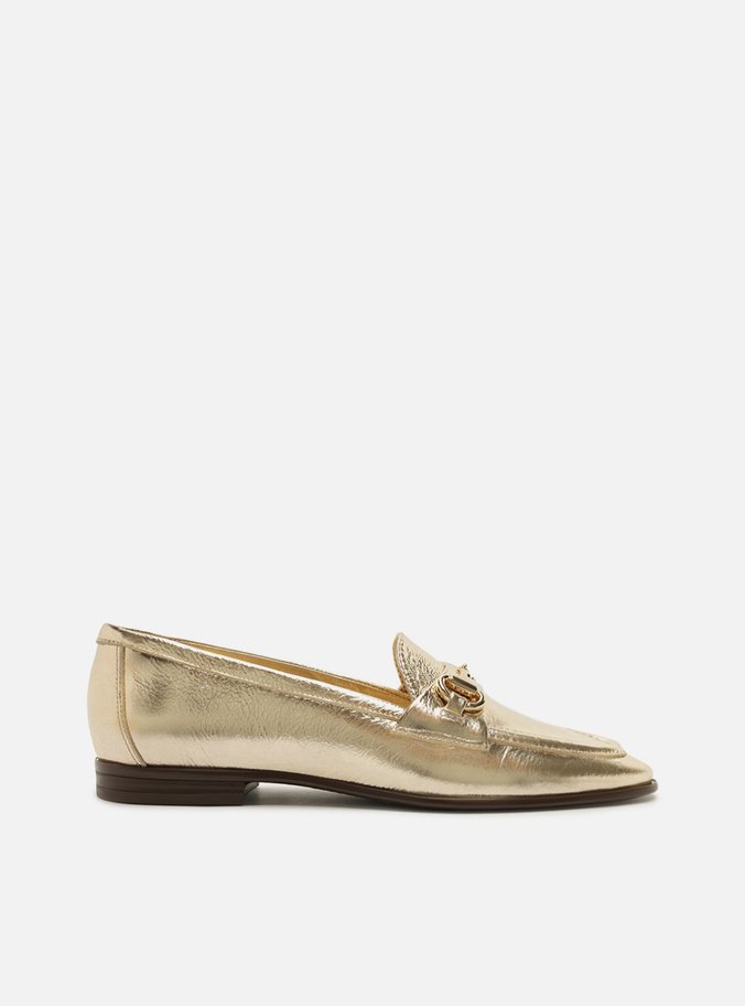 Mocassim Dourado Couro Bico Redondo Bridão