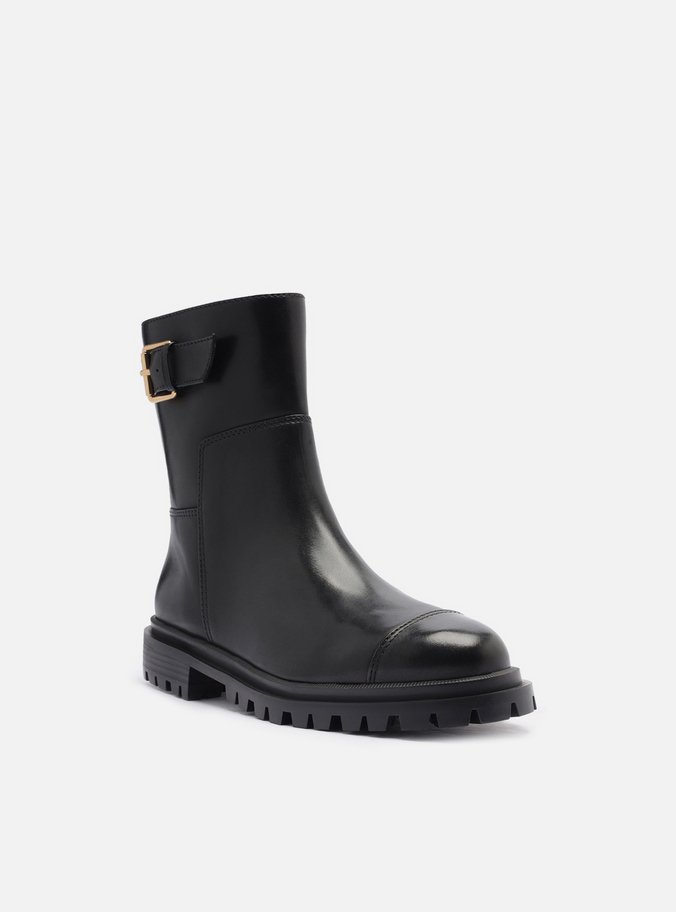Bota Preta Couro Cano Curto Tratorada Fivela