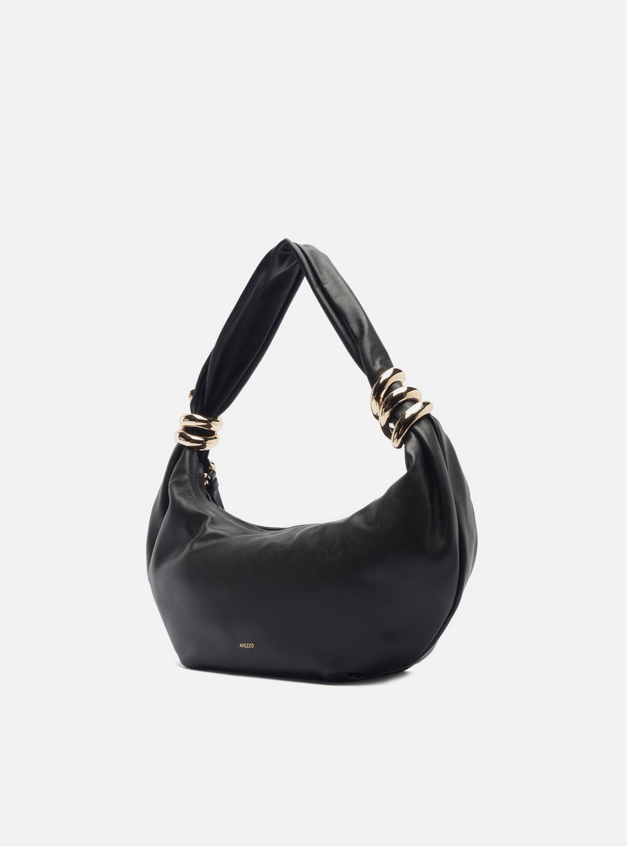 Bolsa Hobo Preta Couro Média Argolas Douradas — foto 2
