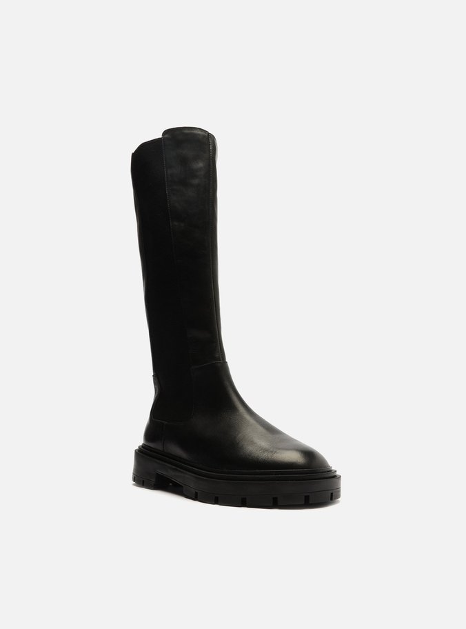 Bota Preta Couro Cano Longo Elástico