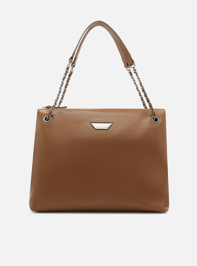 Bolsa Tote Marrom Couro Média Lapela Metal