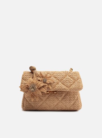 Bolsa Tiracolo Bege Ráfia Mizz Média Flor