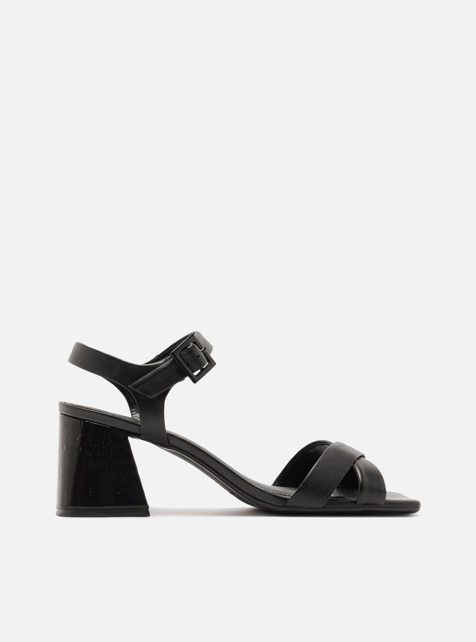 Sandália Preto Couro Bloco Bico Quadrado