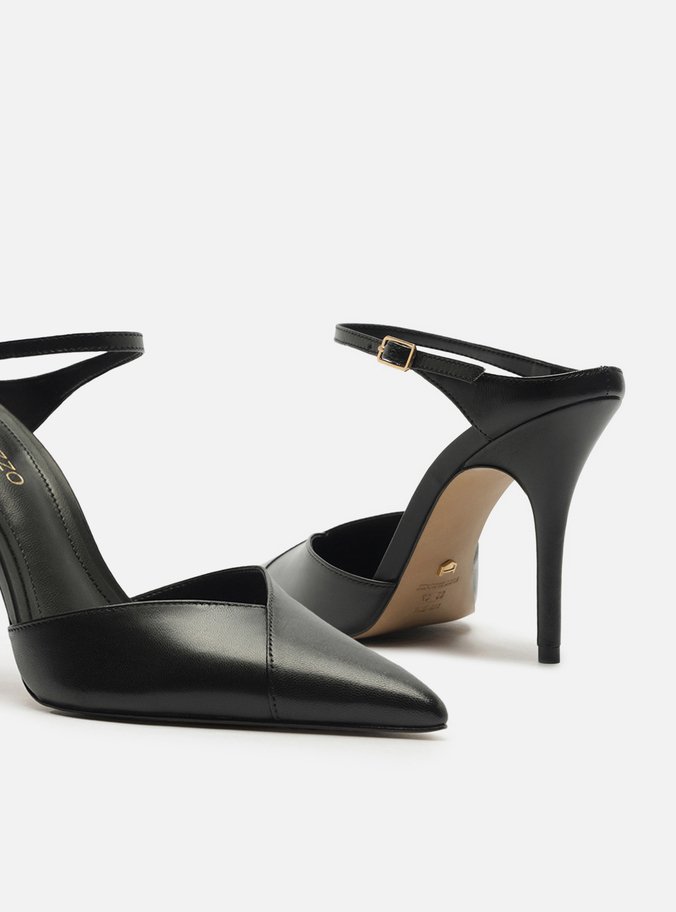 Mule Preta Couro Salto Alto Tira Instep