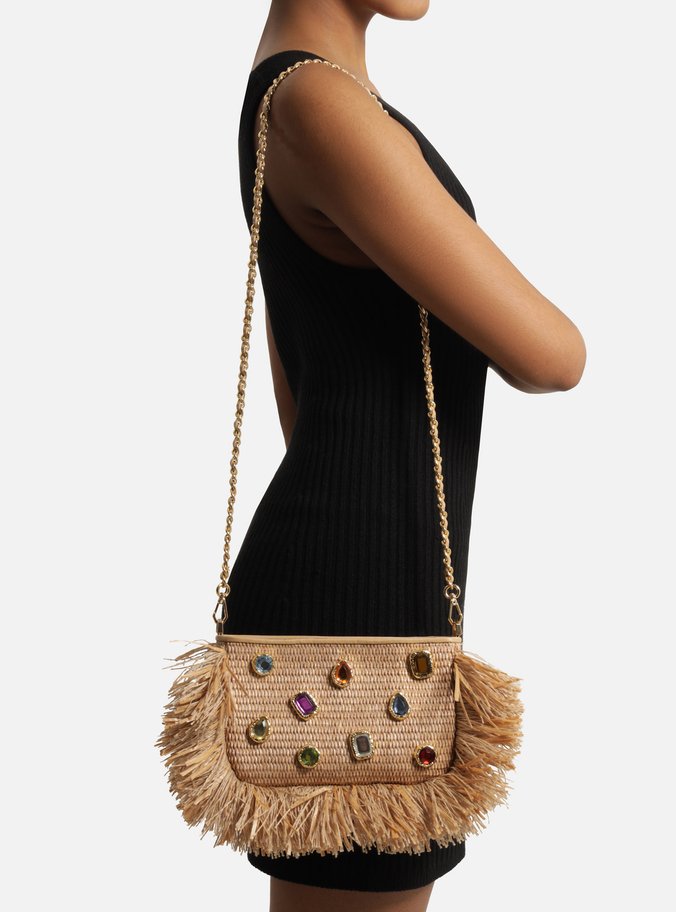 Bolsa Tiracolo Palha Pequena Pedrarias Franjas