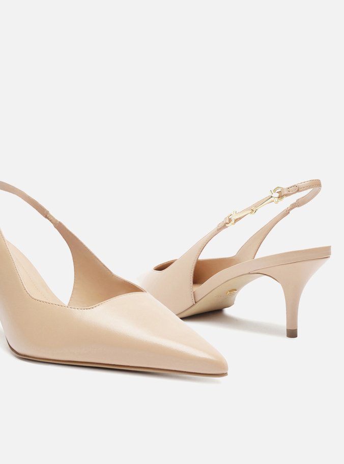 Scarpin Bege Couro Slingback Detalhe Metal