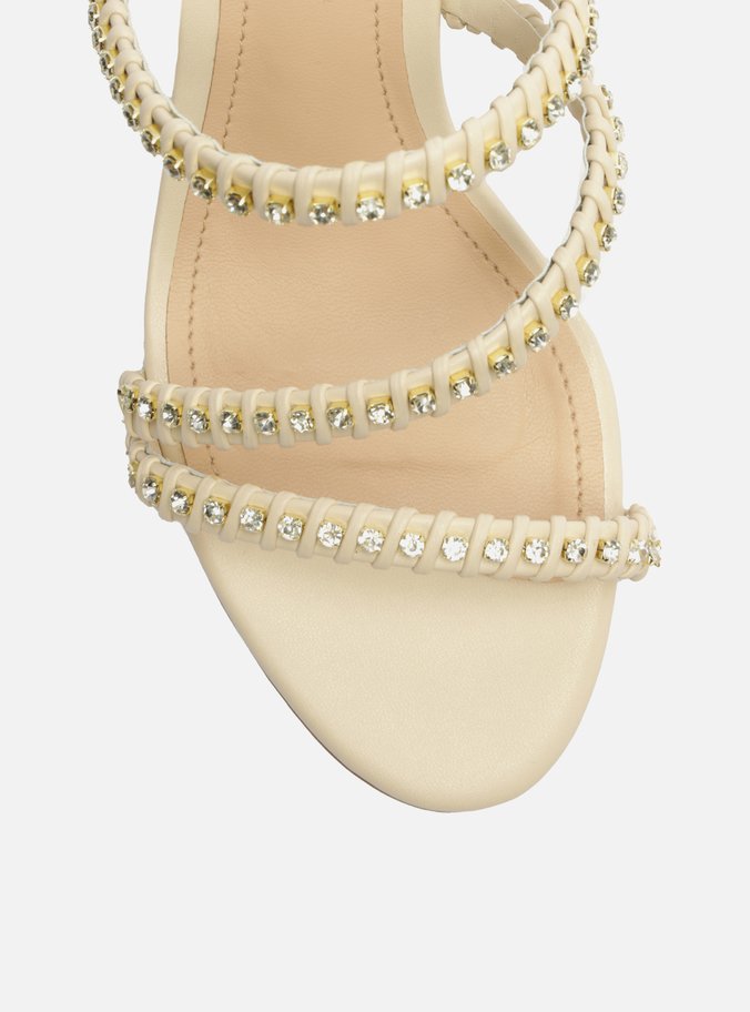 Sandália Off-White Salto Bloco Tiras Pedrarias