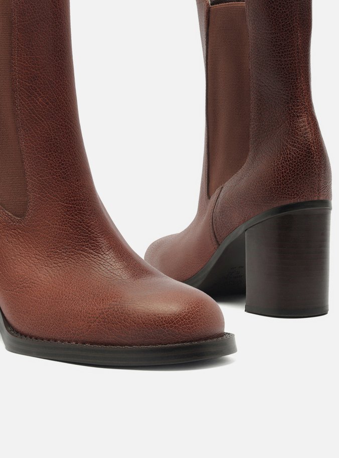 Bota Marrom Couro Cano Curto Elástico Fita
