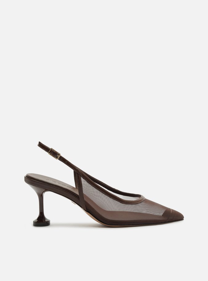 Scarpin Marrom Tela Salto Médio Taça Slingback