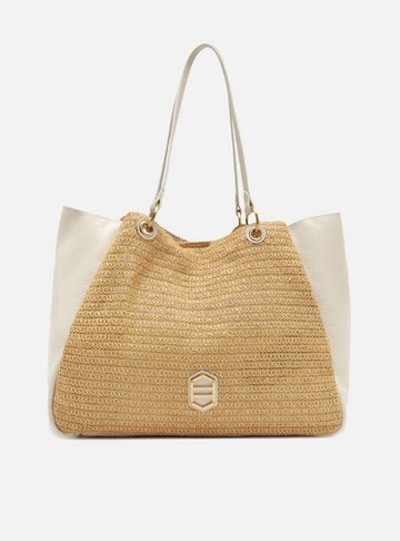 Bolsa Shopping Branca Couro Grande Palha